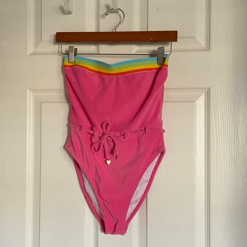 Vintage Y2K Juicy Couture Pink One Piece Swimsuit with Rainbow Trim